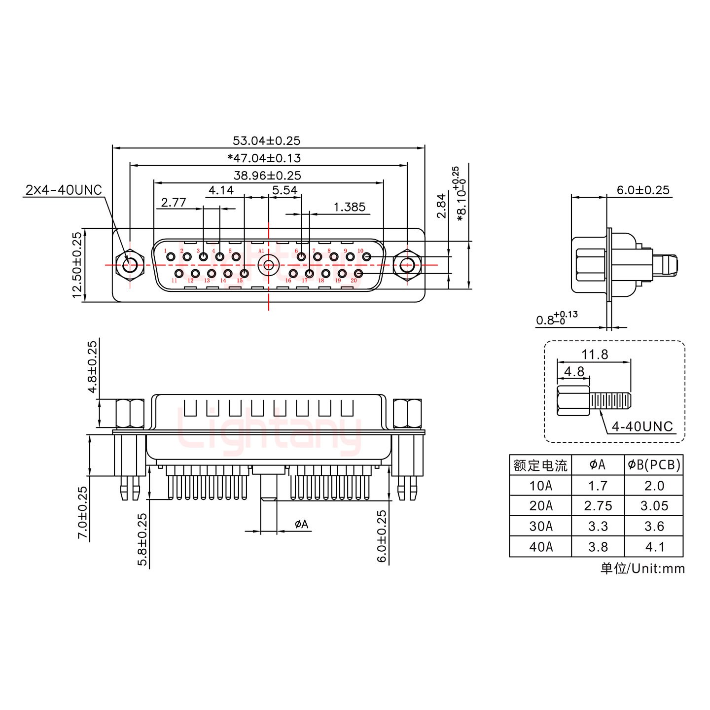 21W1公PCB直插板/鉚魚叉7.0/大電流40A