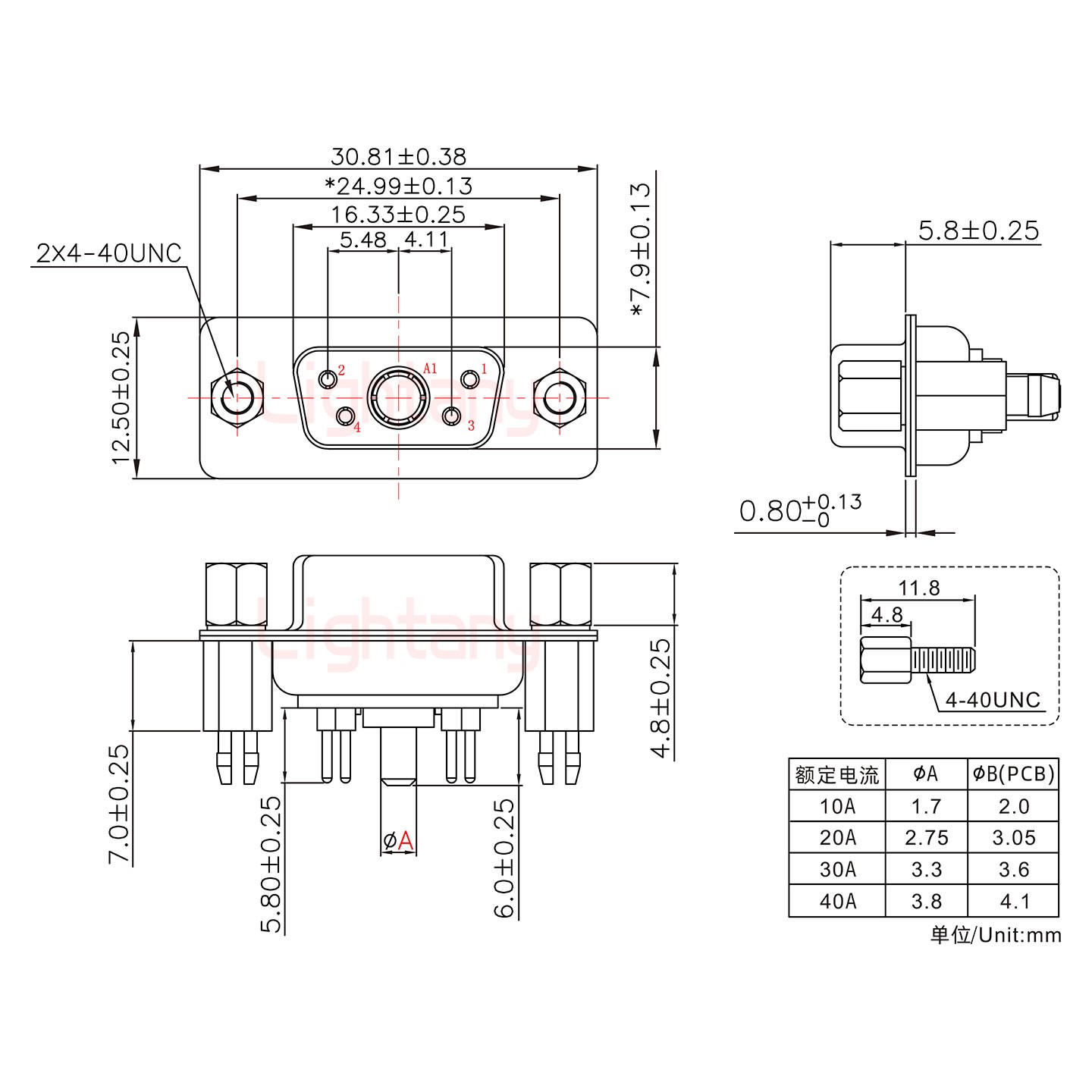 5W1母PCB直插板/鉚魚叉7.0/大電流40A