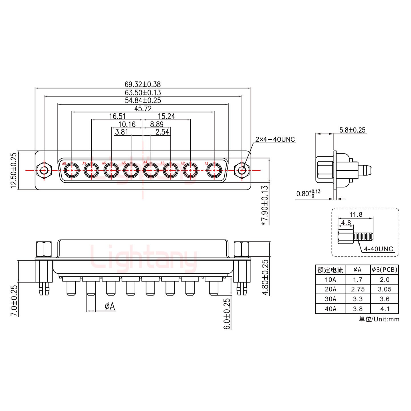 8W8母PCB直插板/鉚魚(yú)叉7.0/大電流10A