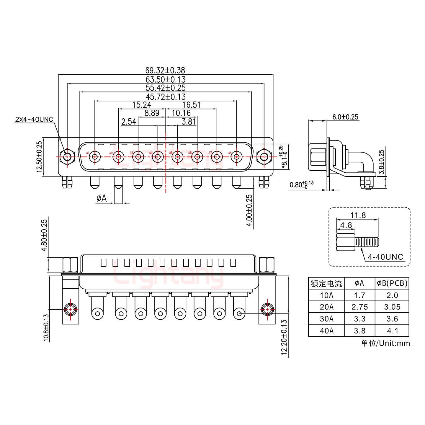 8W8公PCB彎插板/鉚支架10.8/大電流30A