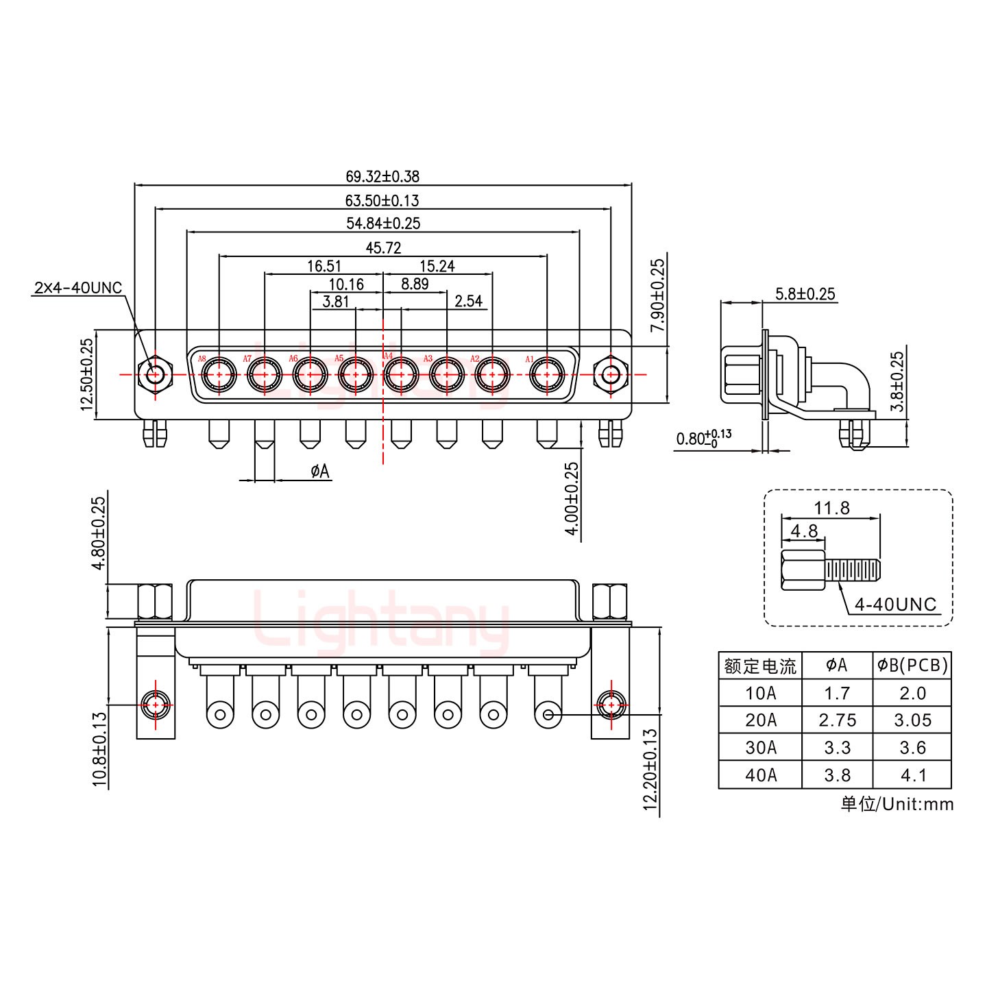 8W8母PCB彎插板/鉚支架10.8/大電流40A