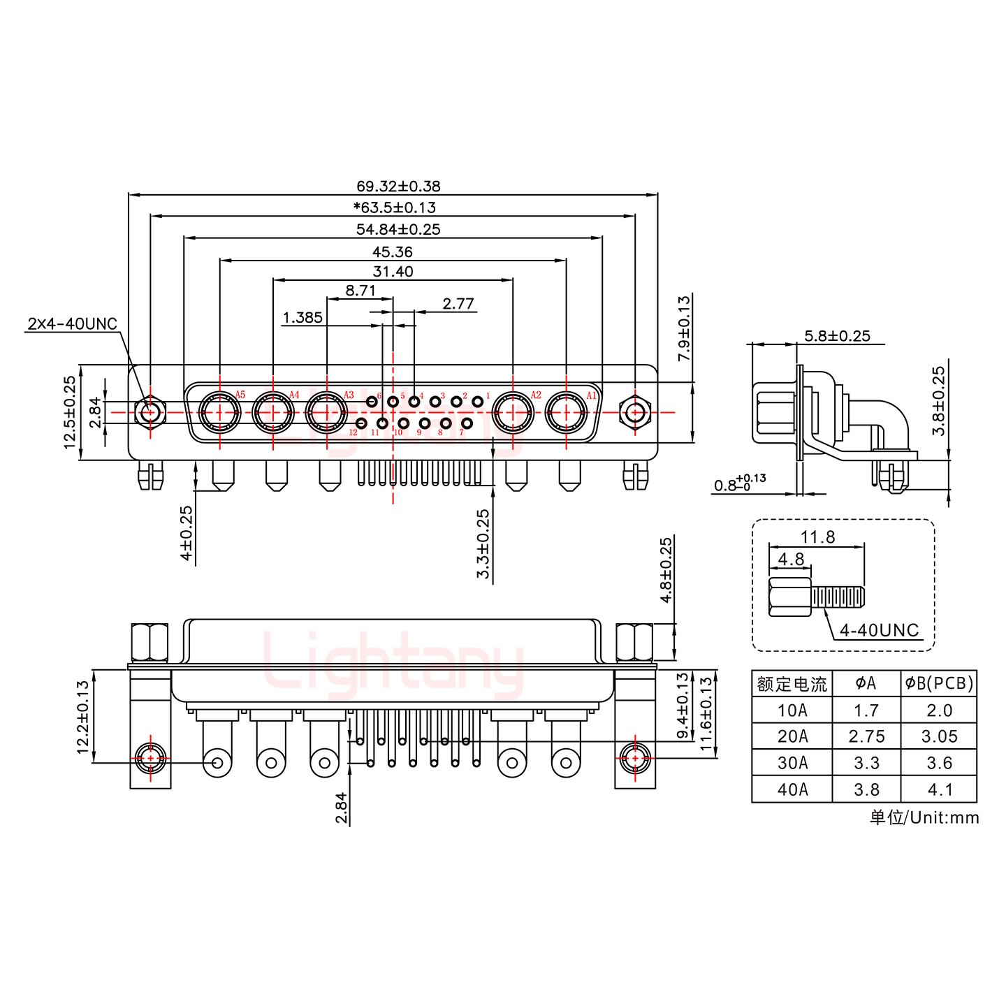 17W5母PCB彎插板/鉚支架11.6/大電流40A