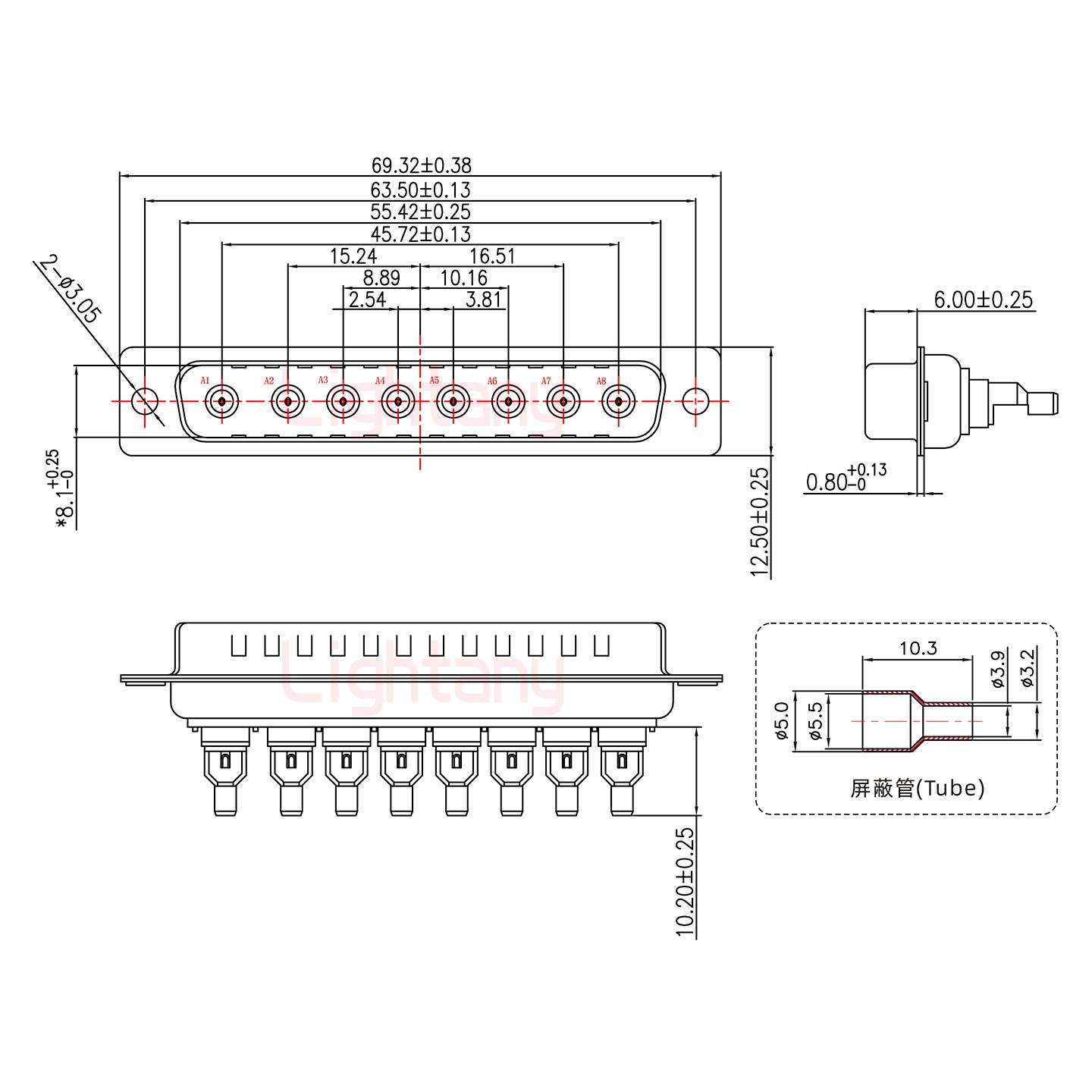 8W8公焊線式75歐姆+37P金屬外殼951彎出線4~12mm