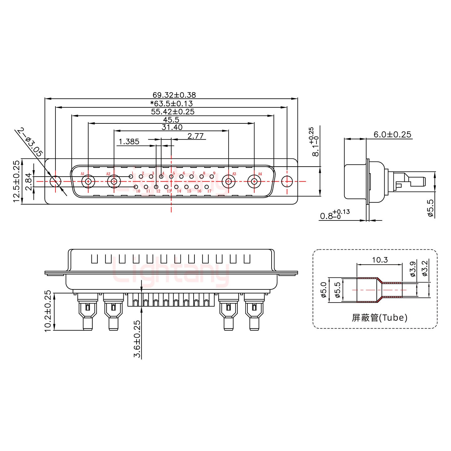 21W4公焊線(xiàn)式50歐姆+37P金屬外殼951彎出線(xiàn)4~12mm