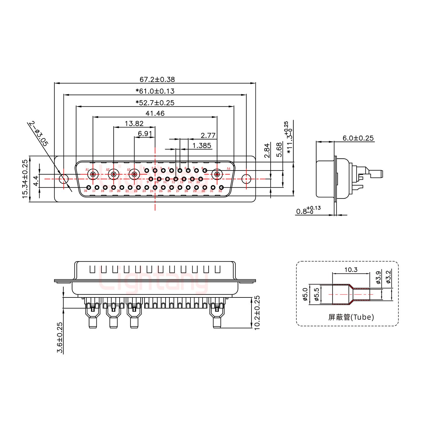 36W4公焊線式75歐姆+50P金屬外殼2252三個(gè)出線孔12mm