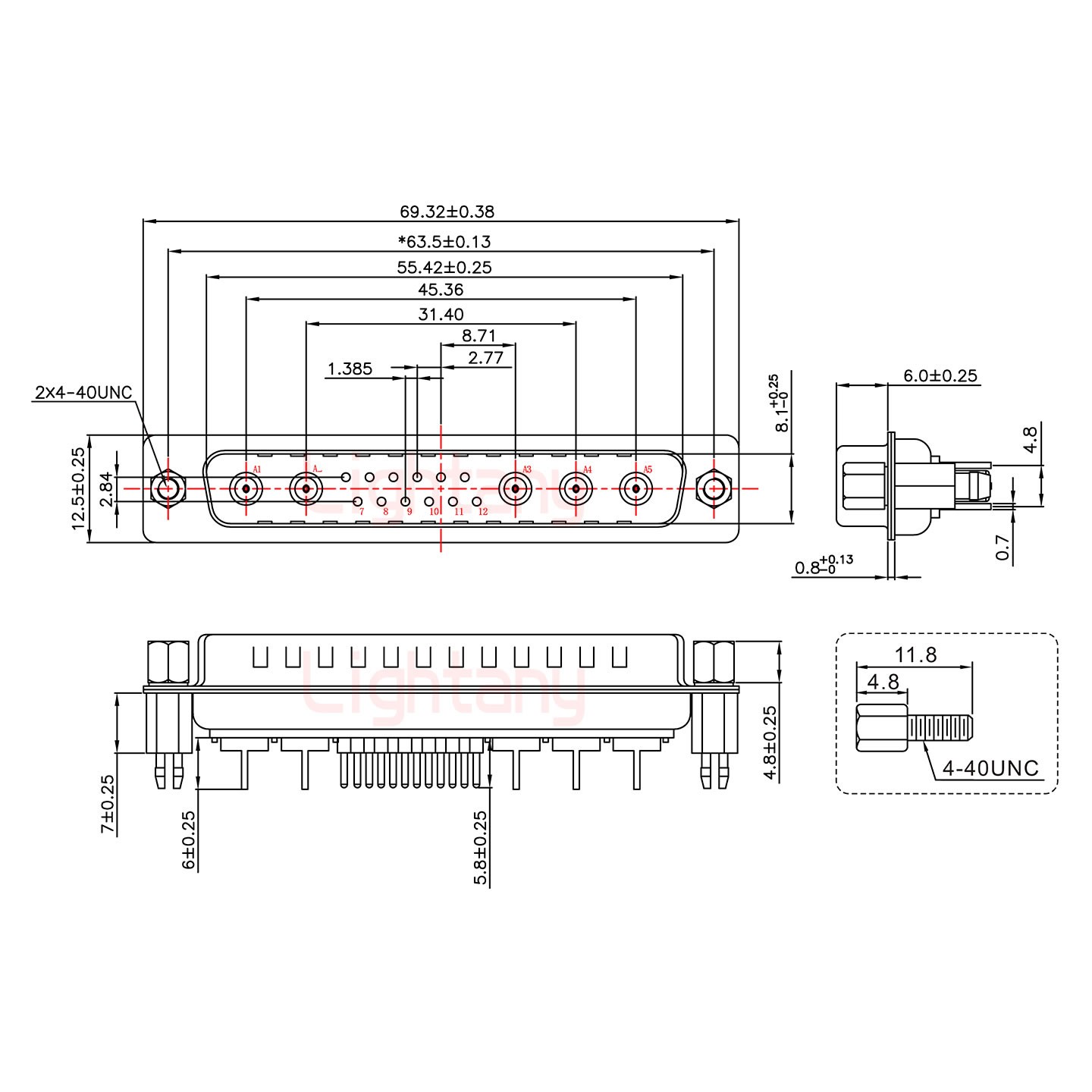 17W5公PCB直插板/鉚魚叉7.0/射頻同軸50歐姆