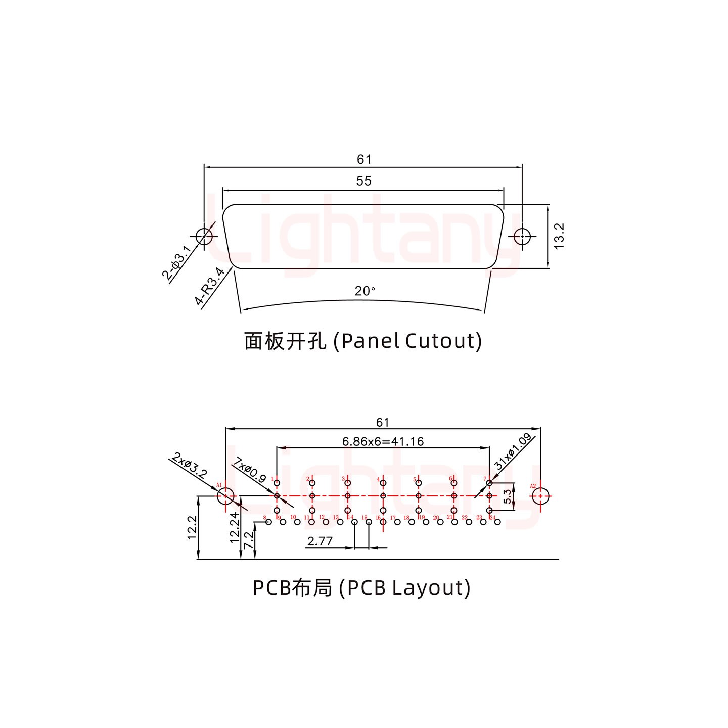 24W7公PCB彎插板/鉚支架12.2/射頻同軸75歐姆