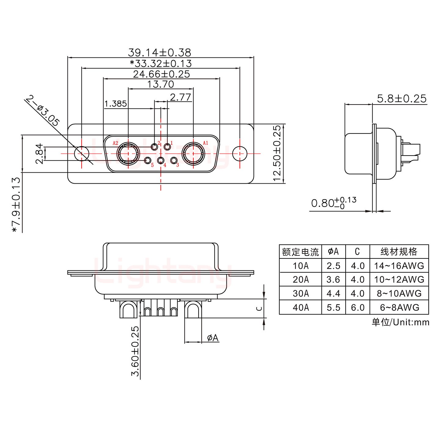 7W2母短體焊線40A+15P金屬外殼1443彎出線4~12mm