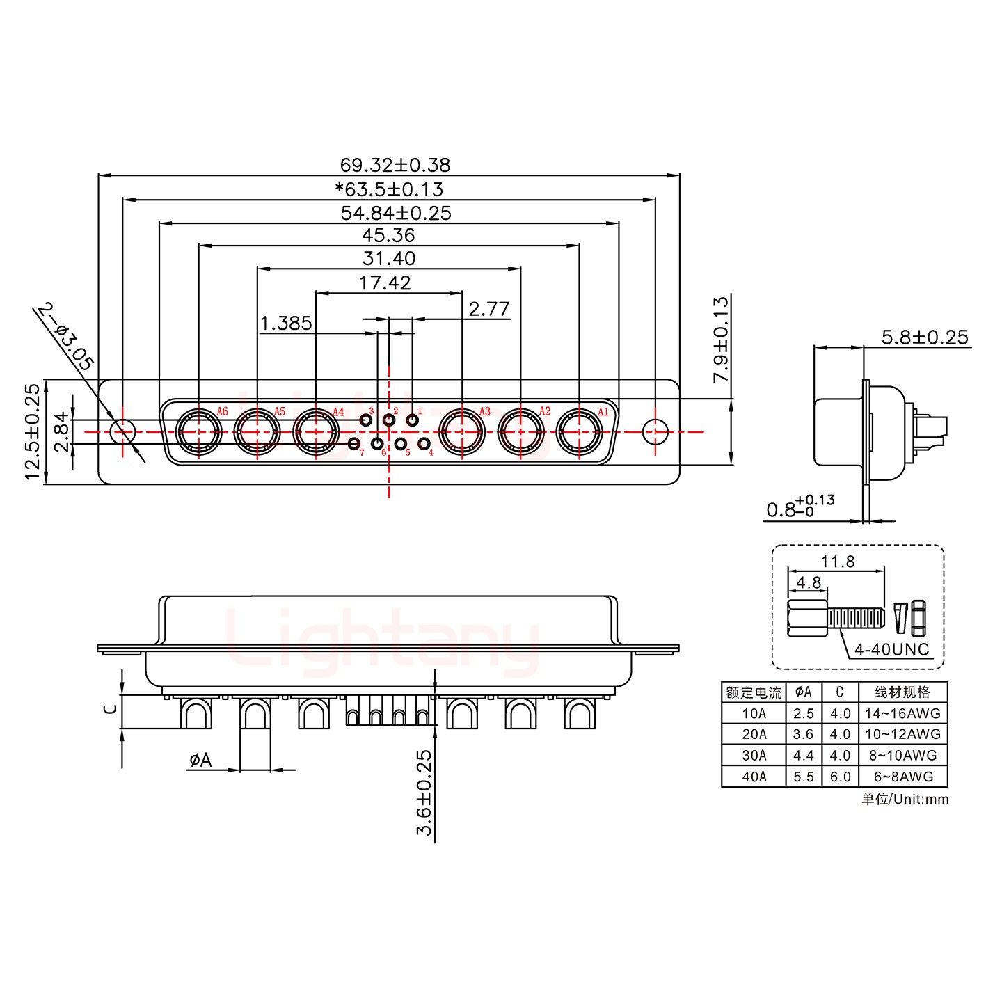 13W6A母短體焊線/配螺絲螺母/大電流10A