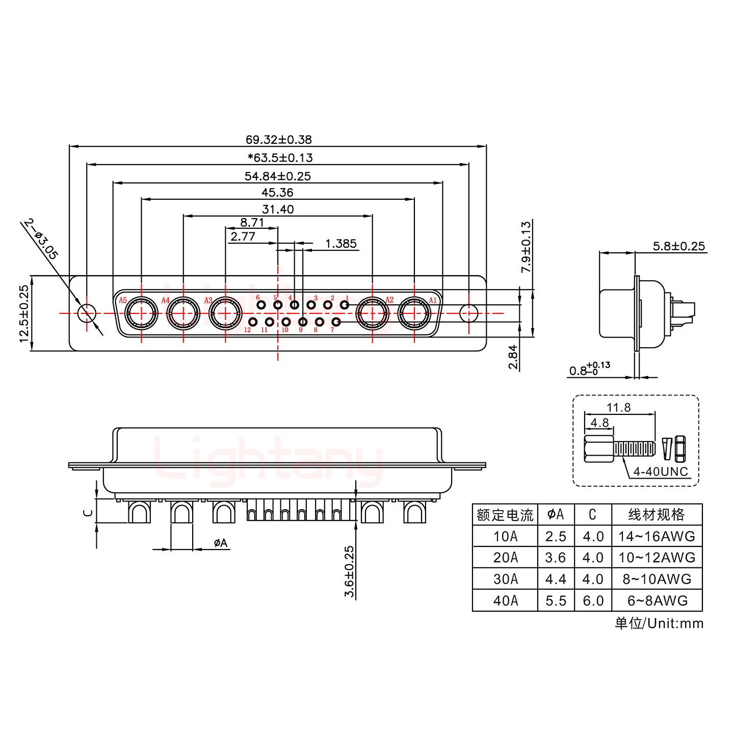 17W5母短體焊線(xiàn)/配螺絲螺母/大電流30A