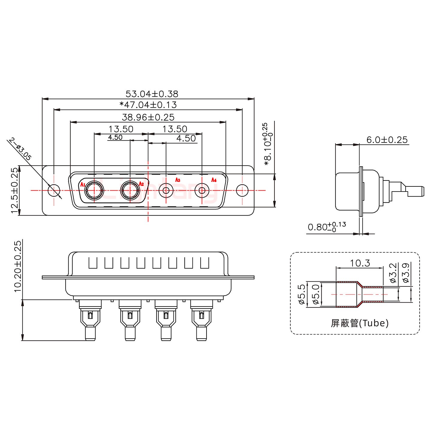 4V4公焊線式75歐姆+25P金屬外殼592斜出線4~12mm