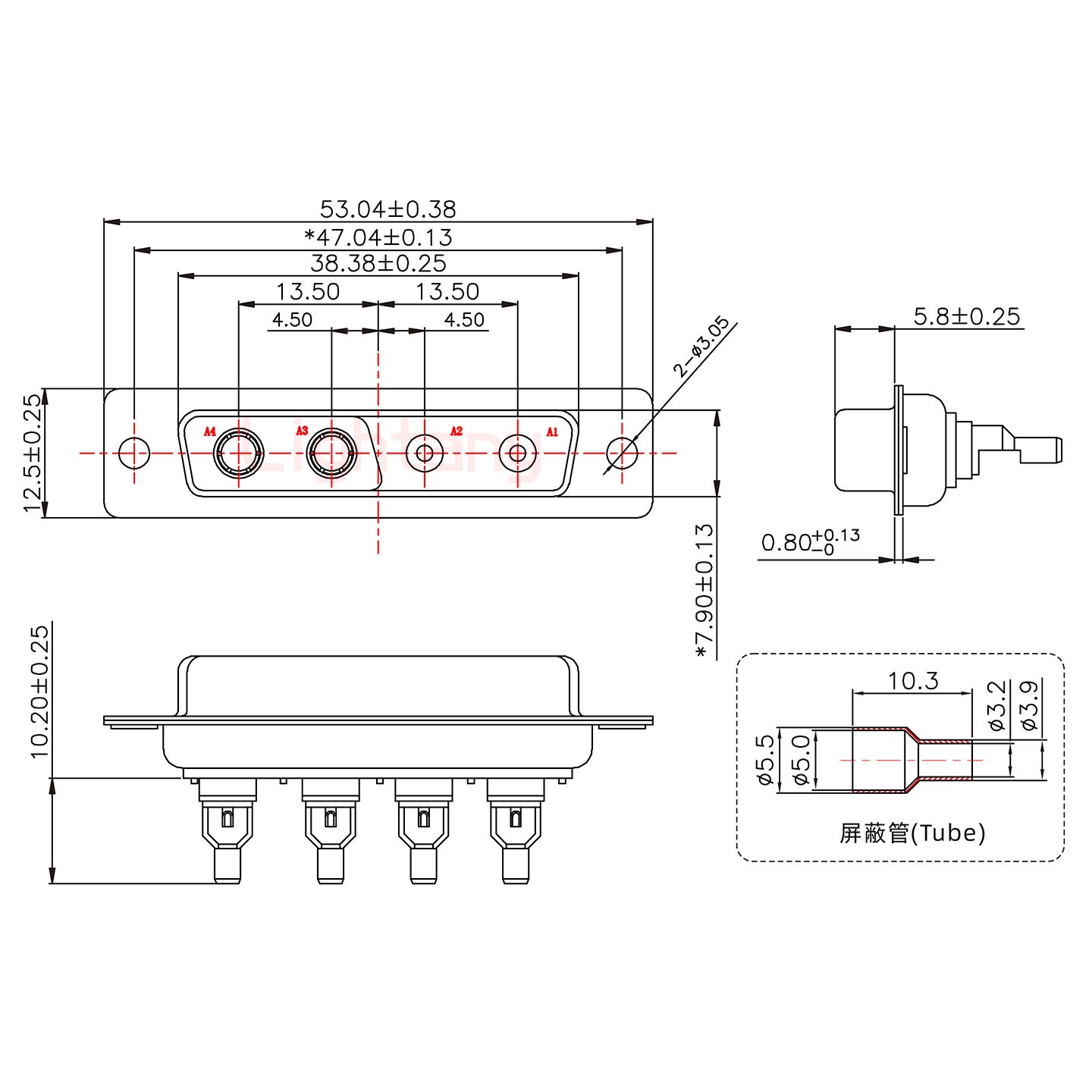 4V4母焊線式50歐姆+25P金屬外殼592斜出線4~12mm