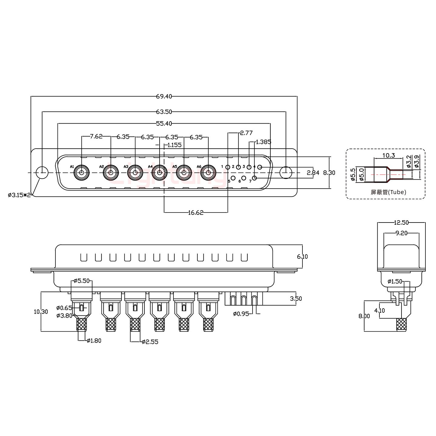 13W6B公焊線式75歐姆+37P金屬外殼951彎出線4~12mm