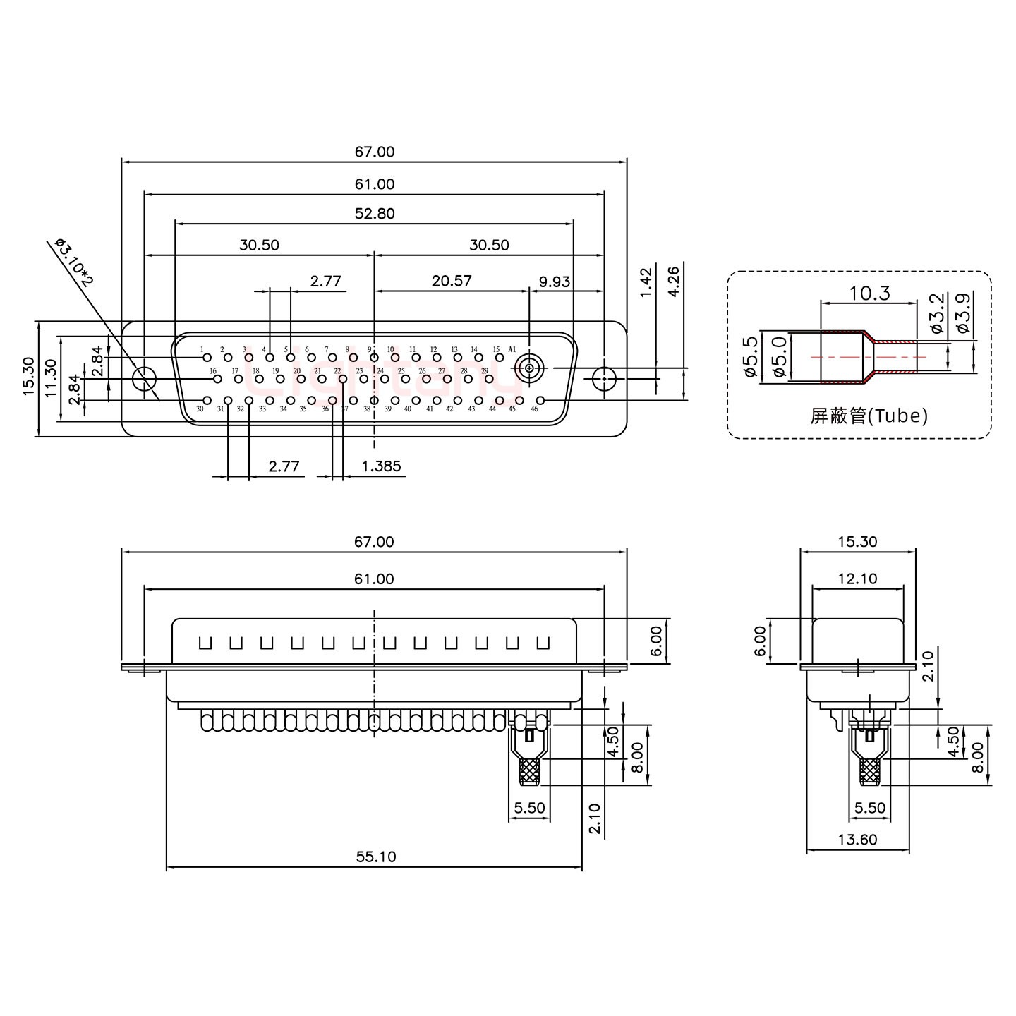 47W1公焊線(xiàn)式50歐姆+50P金屬外殼1745彎出線(xiàn)4~12mm