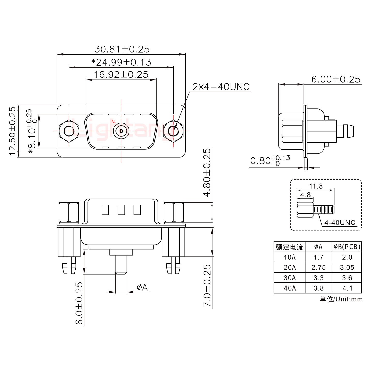 1W1公PCB直插板/鉚支架7.0/大電流20A