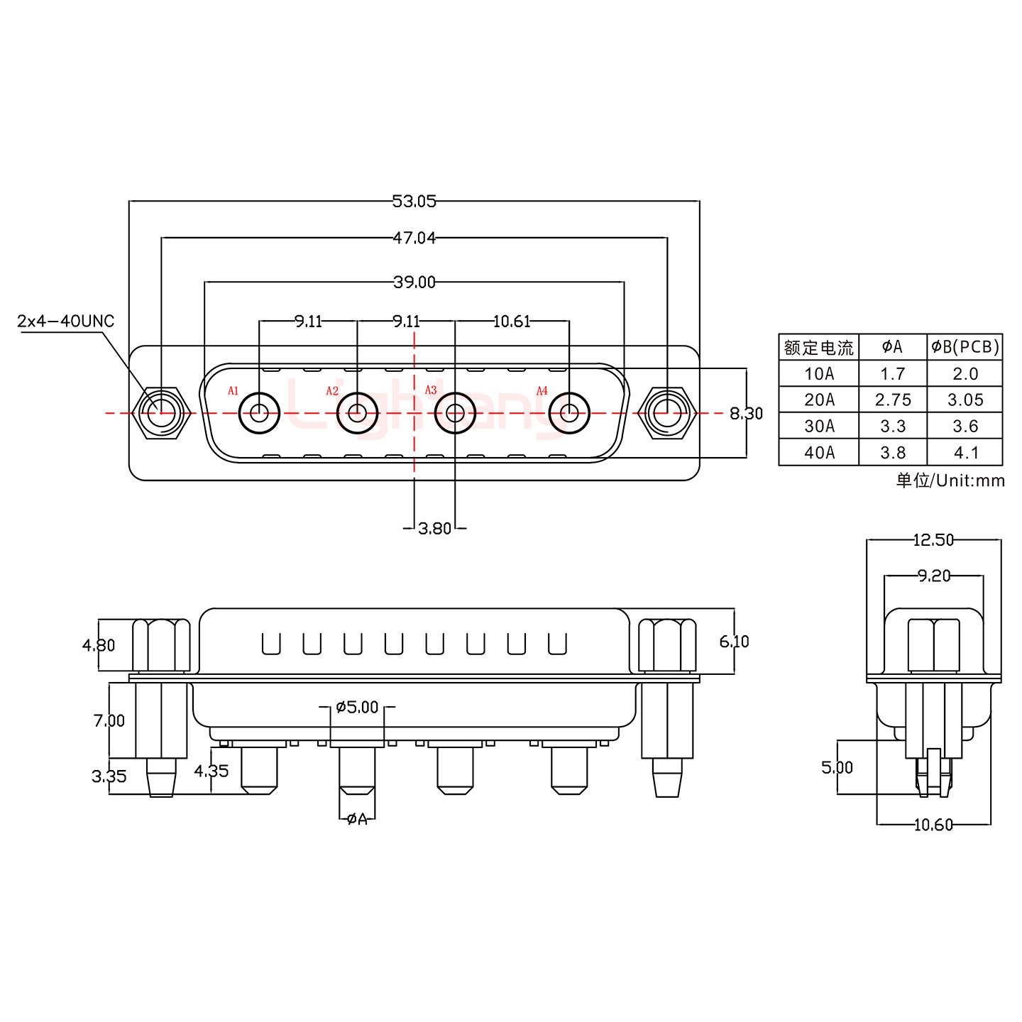 4W4公PCB直插板/鉚魚叉7.0/大電流30A