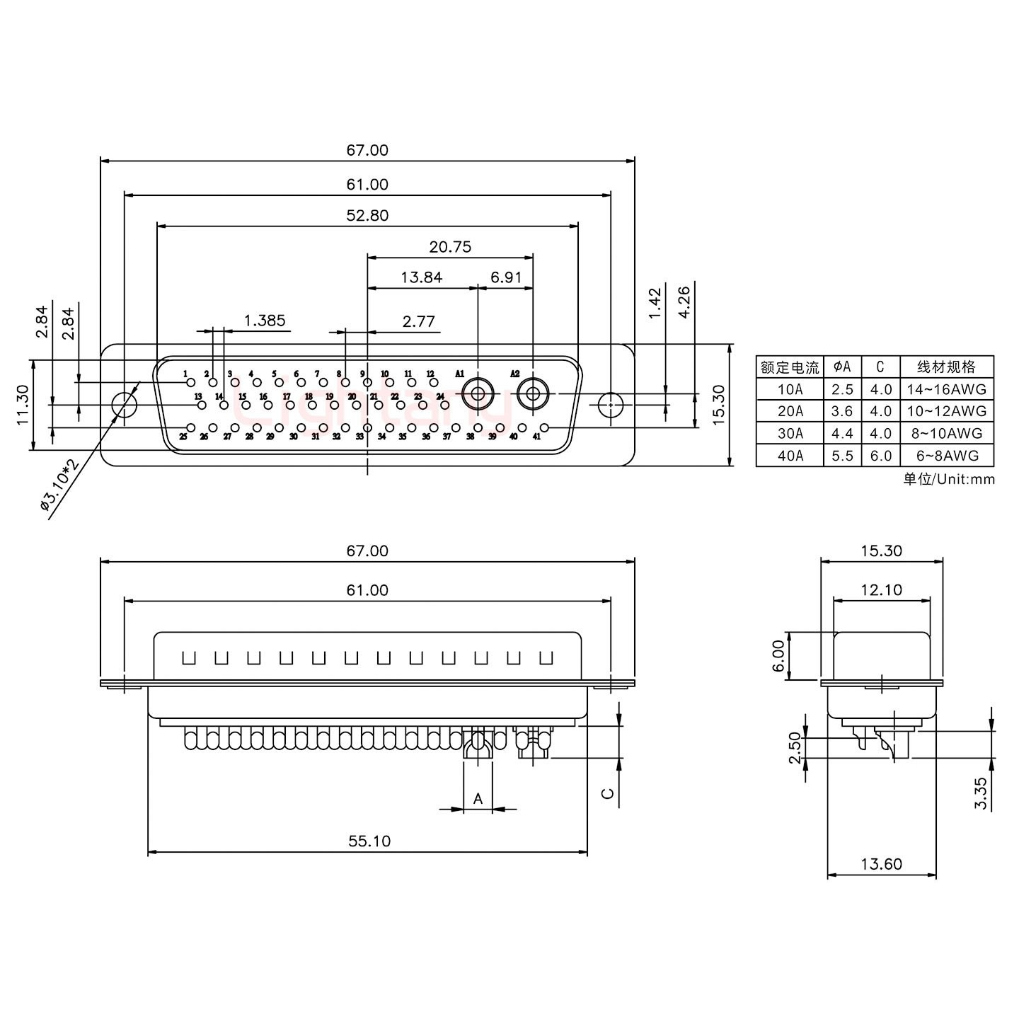 43W2公短體焊線20A+50P金屬外殼2252三個(gè)出線孔12mm