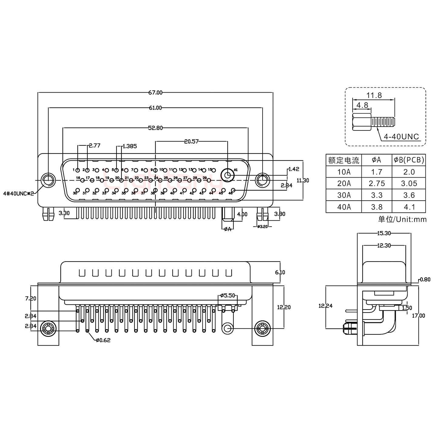 47W1公PCB彎插板/鉚支架12.2/大電流30A