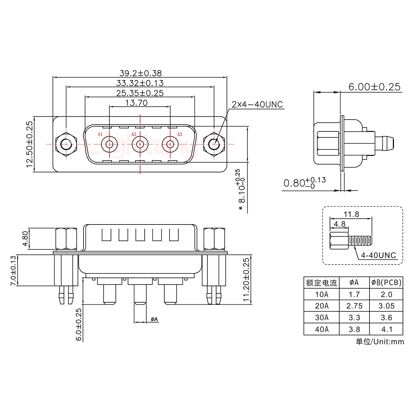 3W3公PCB直插板/鉚魚叉7.0/大電流30A