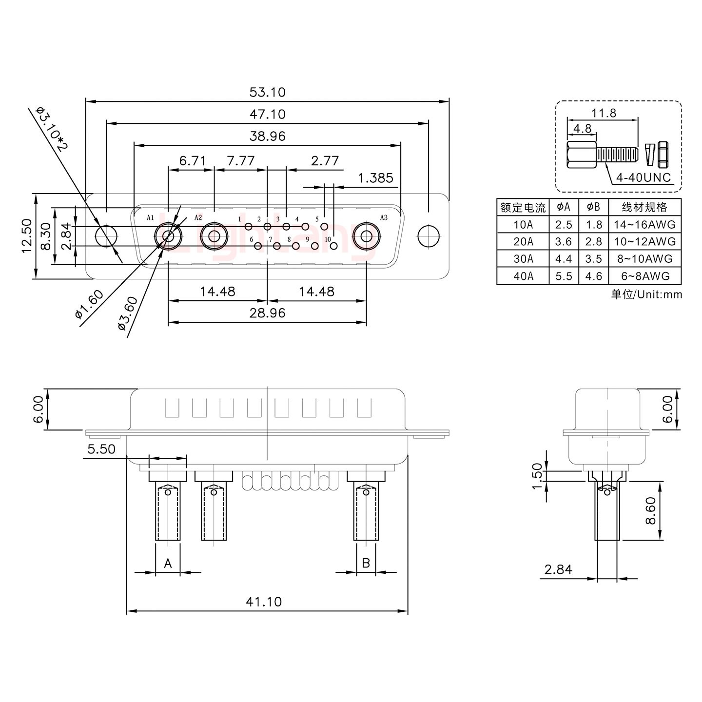 13W3公壓線式/配螺絲螺母/大電流10A