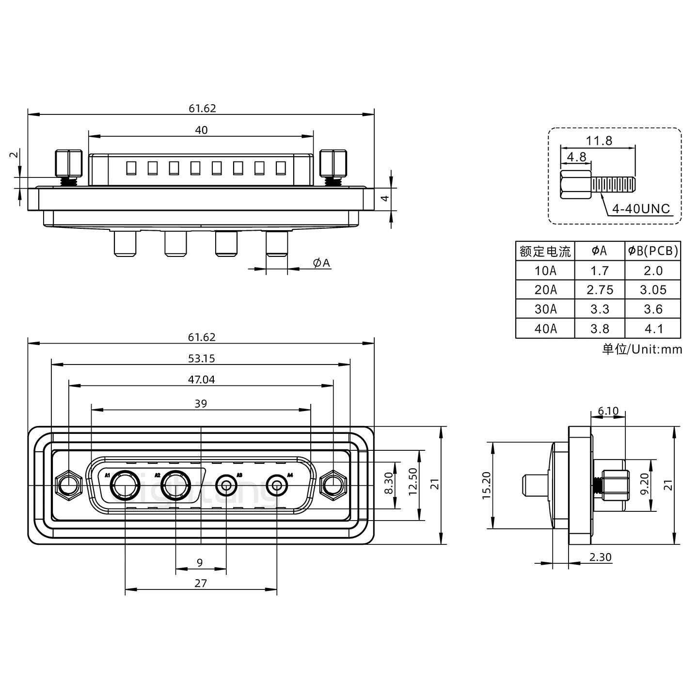 防水4V4公直插板/鎖螺絲/大電流40A